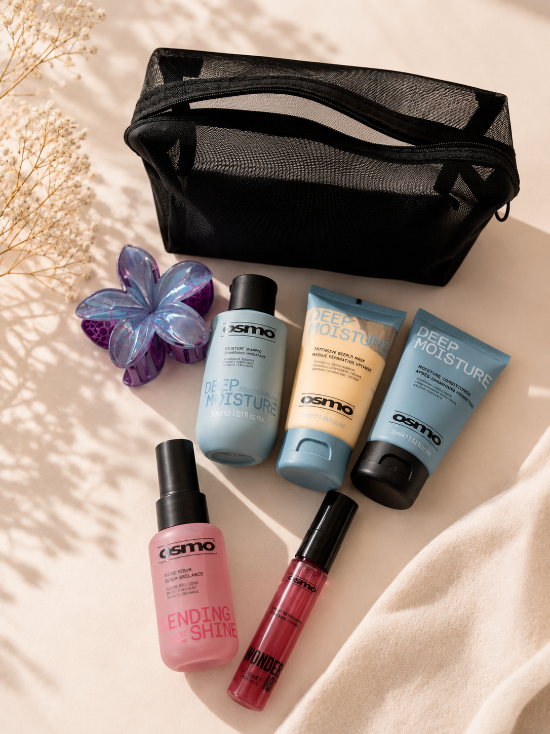 Kit Viaje Osmo Deep Moisture – Mini Tallas + Neceser y Pinza de Regalo 🎁