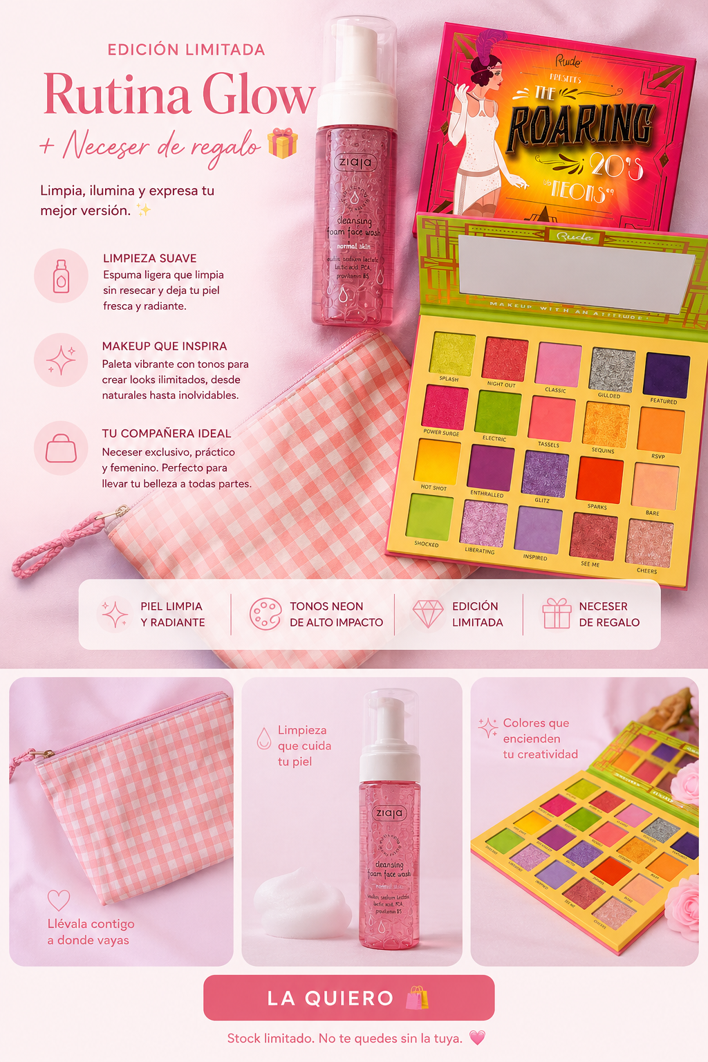 Set Maquillaje Verano · Paleta Rude Neons + Limpiador + Neceser